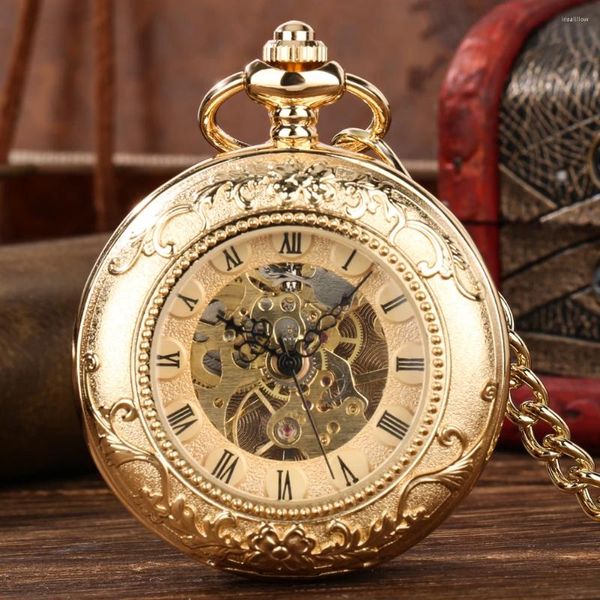 Taschenuhren Luxus Goldene Doppelte Öffnung Mechanische Uhr Steampunk Römische Zahlen Sekeleton Herren Handaufzug Mit 38 cm Hakenkette