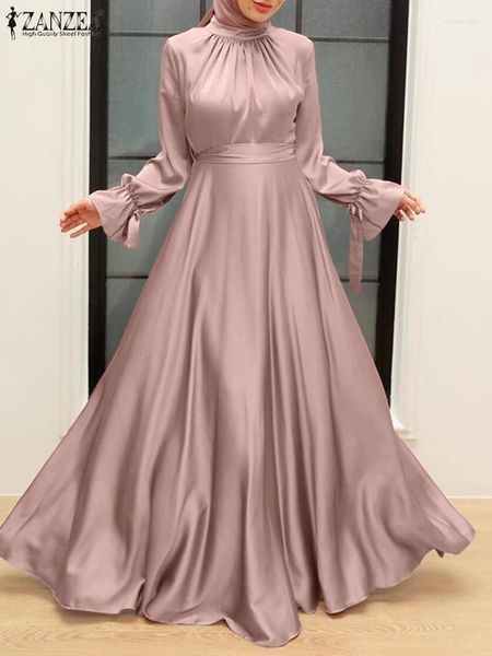 Roupas étnicas Zanzea 2024 Primavera Mulheres Manga Longa Sólida Cetim Sundress Robe Femme Muçulmano Maxi Vestido Dubai Turquia Abaya Hijab Ramadan