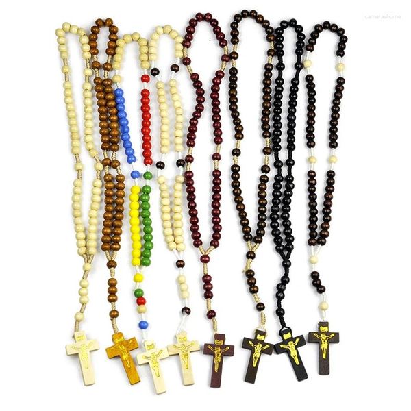 Correntes Natural Grânulos de Madeira Christian Mão-tecido Cruz Rosário Colar Religioso Jóias Accessries Presentes