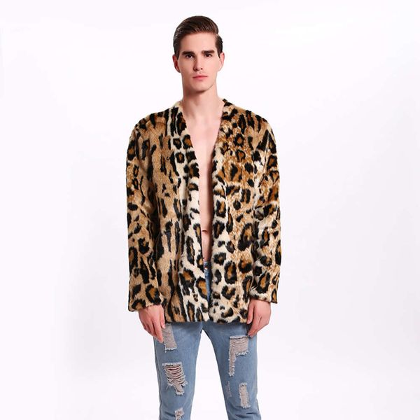 Cappotto caldo da uomo con colletto in pelliccia sintetica a colori con stampa leopardata per autunno e inverno 6099