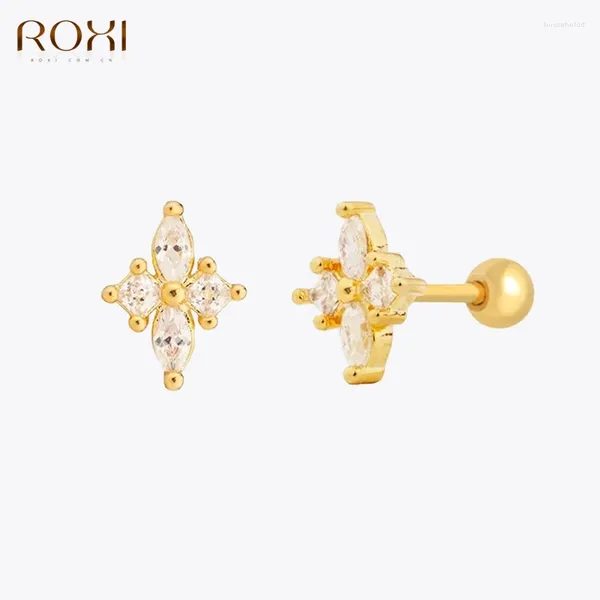 Ohrstecker ROXI S925 Sterling Silber Geometrisches Pferdeauge mit weißem Zirkonfaden durchbohrt für Frauen Teenager Goldfarbener Schmuck