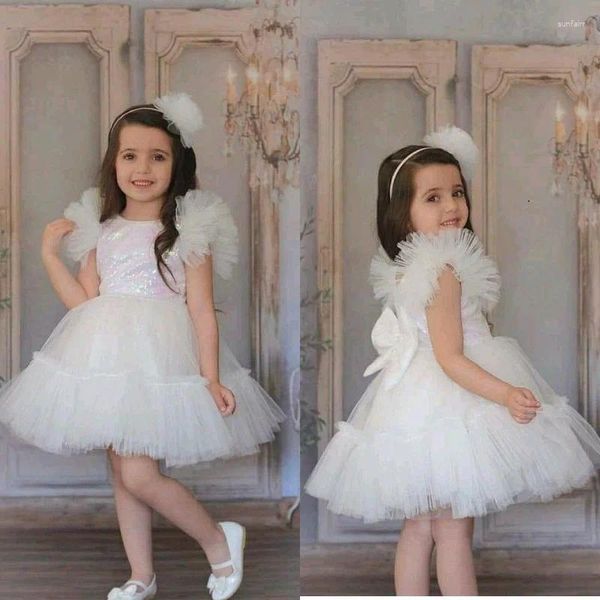 Mädchen Kleider Flauschiges Blumenkleid Geburtstag Kurzarm Tüll Ballkleid Schleife Knielang Kinder Glänzend Erstkommunion Spitze Prinzessin