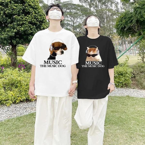 Mulheres Camisetas Interessante Música Dos Desenhos Animados Cão Gato Cópia Gráfica Homens Mulheres Moda Solta Camiseta Top 240g Algodão T-shirt de Manga Curta para