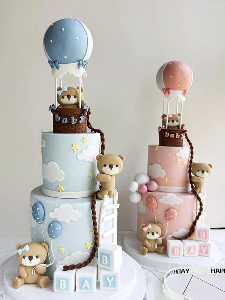 Ferramentas de decoração de bolo, enfeites de carro revelador de gênero para chá de bebê, topper de desenho animado, rosa, azul, urso, boneca, menino, menina, feliz primeiro aniversário