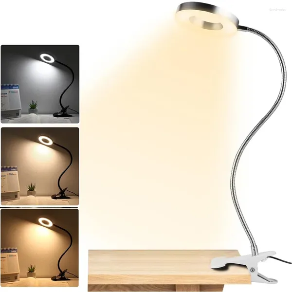 Lâmpadas de mesa LED Luzes de leitura 360 ° Flexível Gooseneck Lâmpada regulável Clipe no quarto interno Proteção ocular Luz de mesa Braçadeira de livro