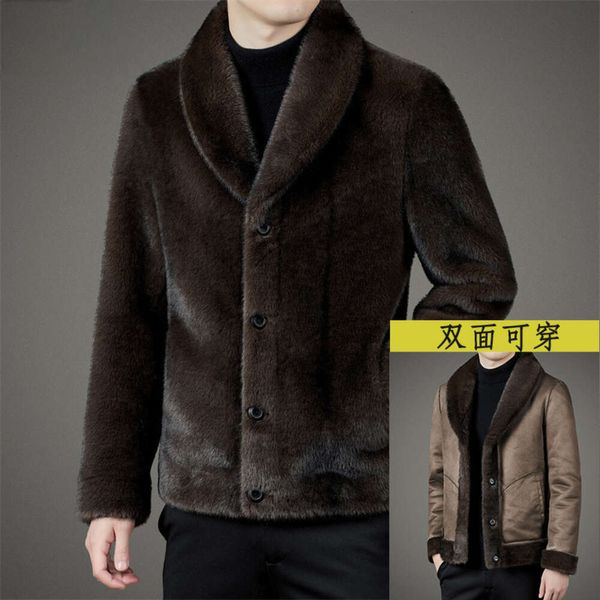 Combinazione di pelliccia e doppio lato di design che indossa cappotto invernale in visone blu neve Colletto da uomo corto stile papà vestito 5CCN