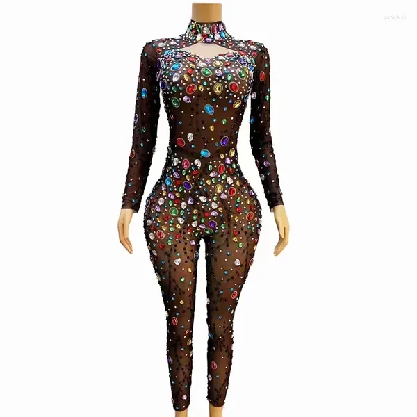 Stage Wear Tuta colorata in rete di cristallo con strass Tuta elastica attillata a maniche lunghe Body da donna di lusso per feste di compleanno