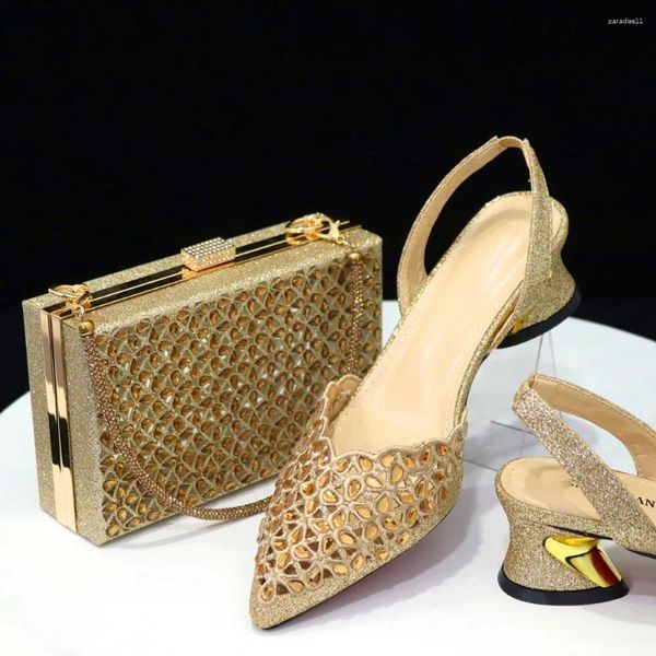 Sapatos de vestido ouro e saco conjunto para mulheres senhoras africanas sandálias de salto médio bombas combinar com bolsa bolsa embreagem femmes sandales cr522