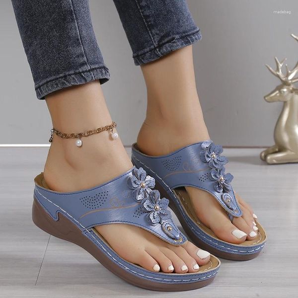 Chinelos Flip-toe Tamanho Grande Mulheres Verão Confortável Cunha Moda Sapatos Retro Flor Decorada