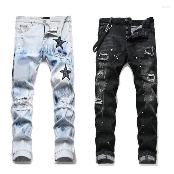 Jeans masculinos mulheres preto empilhado calças homens magro designer vintage lavagem sólida azul reto ajuste longo casual denim calças primavera verão