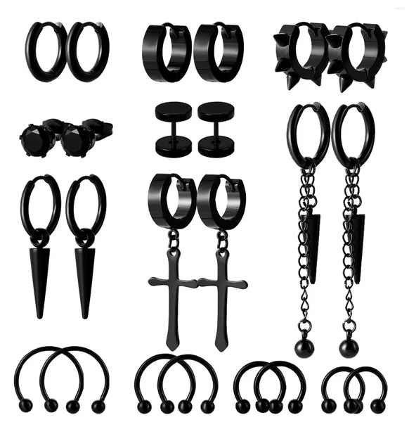 Ohrhänger, 1–12 Paar, Edelstahl, Schwarz, für Herren und Damen, Ohrstecker, Punk-Reifen-Set, Kreuz/Kegel/Hantel