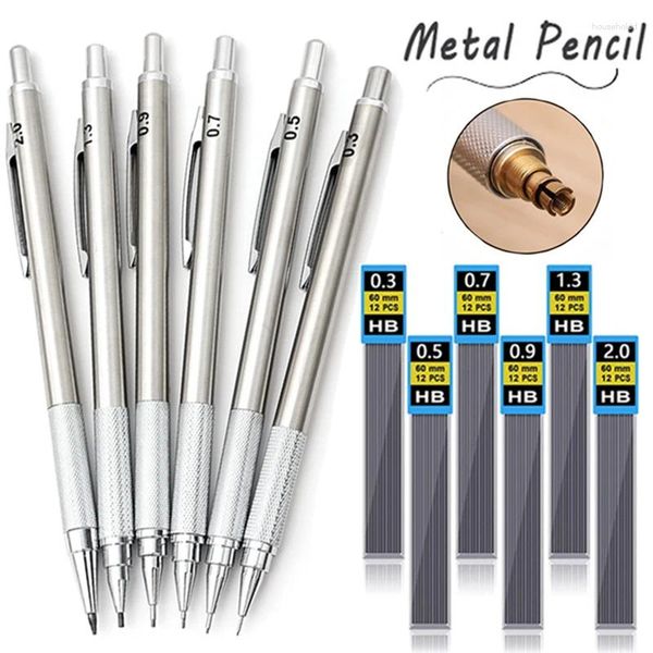 Conjunto de lápis mecânico de metal HB com recarga de chumbo, desenho automático 0,3 0,5 0,9 1,3 2,0 mm, estudante estacionário