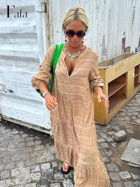 Abiti casual Donna Camicia vintage a maniche lunghe Abito maxi Scollo a V monopetto Vestido ampio Moda Streetwear Vacanza 2024