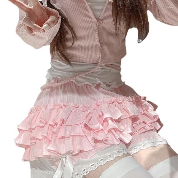 Mutandine da donna Ragazze da donna Pizzo arricciato a strati Pantaloncini rosa zucca Pantaloncini giapponesi vintage vittoriani con fiocco carino Sicurezza sotto i pantaloni