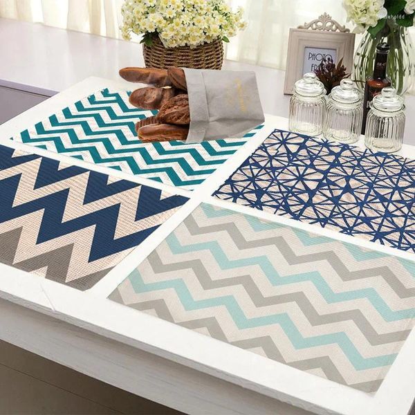 Tapetes de mesa geométrico cinza azul onda padrão placemat cozinha algodão linho luxo jantar coaster almofada tigela copo esteira casa