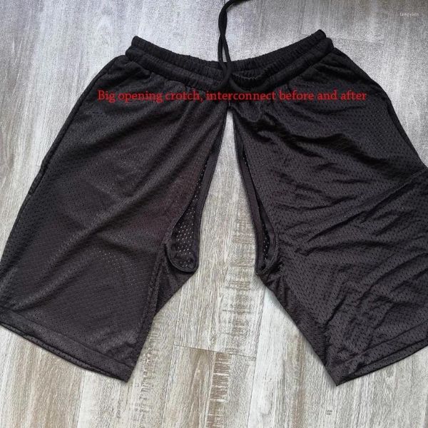 Pantaloncini da uomo Pantaloni estivi da allenamento in seta di ghiaccio Pantaloni a sedile aperto in rete traspirante al ginocchio Sport Pantaloni casual per il pene da uomo