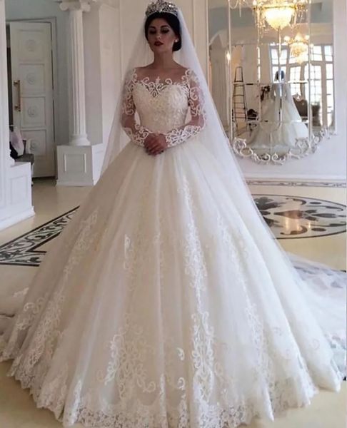 Abiti da sposa bianchi Abiti da sposa avorio Formale A Line Applique Cerniera personalizzata Allacciatura Plus Size Nuovo Tulle Lunghezza pavimento O-Collo Manica lunga Illusion