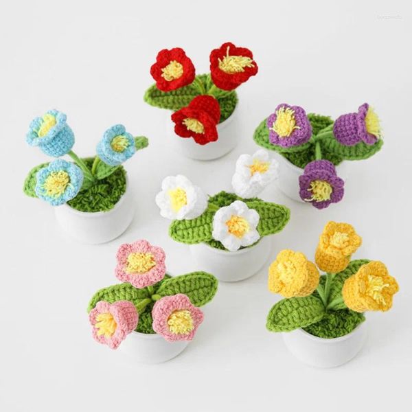 Flores decorativas 1pc diy tulipa flor crochê material kit artificial decoração de casamento de malha desktop