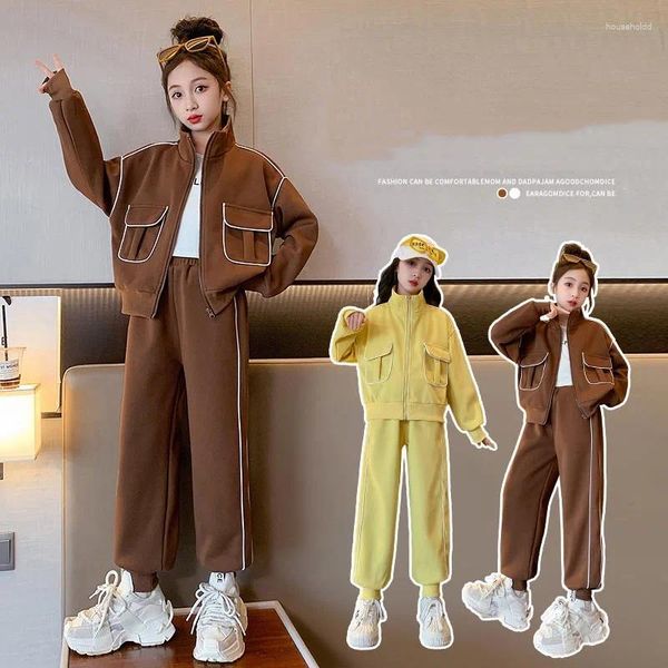 Kleidung Sets 2024 Herbst Koreanische Kinder Mädchen Trainingsanzug Teenager Mantel Hohe Kragen Tasche Kinder Hosen Jogginghose Mädchen 2 stücke Anzug