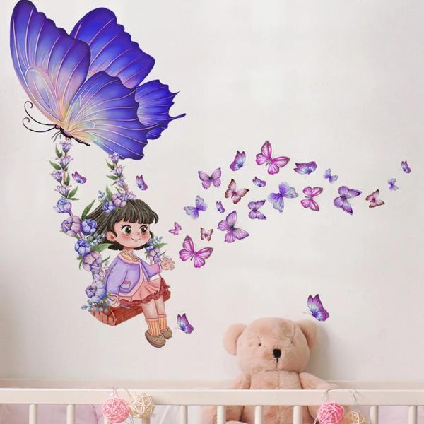 Duvar kağıtları 2pcs küçük kız salıncak kelebek karikatür duvar sticker arka plan oturma odası yatak odası çalışma dekorasyon duvar resmi