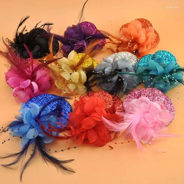 Fermagli per capelli Donna Ragazza Piccolo 10 cm Feltro Glitter Polvere Fascinator Cappello Fiore Piuma S