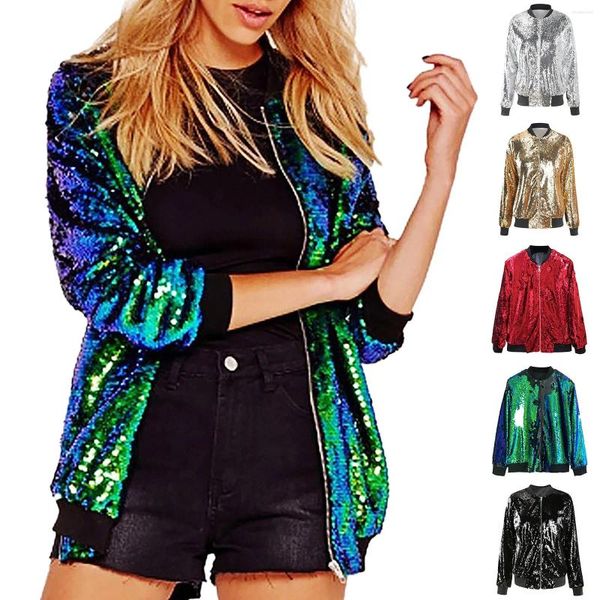 Damenjacken Silber Paillettenjacke 2024 Herbst Winter Streewear Rock Bomber S für Frauen Langarm Reflektierende Mantel Outwear Tops