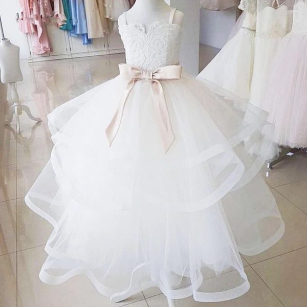 Abiti da ragazza Abiti da sposa in tulle con applicazioni a strati con fiocco rosa e cintura a maniche lunghe per abiti da prima comunione per spettacoli di nozze