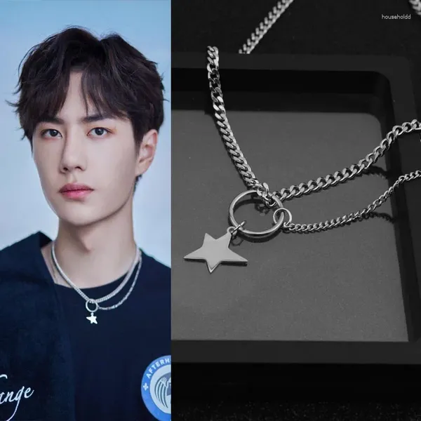 Ketten Punk Edelstahl Wang Yibo Gleiche Halskette Fünfzackiger Stern Runder Kreis Anhänger Hipster Hip Hop Jungs Rock Halsketten Schmuck