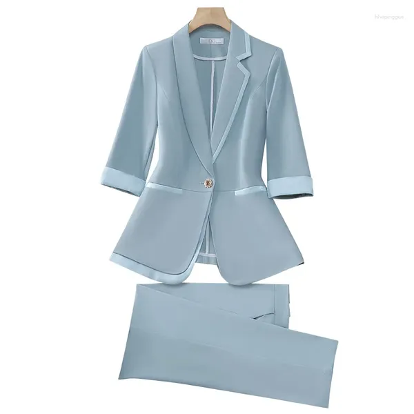 Frauen Zweiteilige Hosen Patchwork 2 Sets Büro Tragen Frauen 2024 Frühling Sommer Mode Schlanke Drei Viertel Blazer Vintage bleistift Anzüge