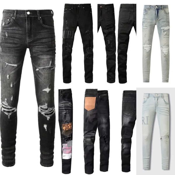 Roxo marcas homem jeans de alta qualidade calças bordadas em linha reta dos homens designer jean magro calça alta rua buraco rasgado