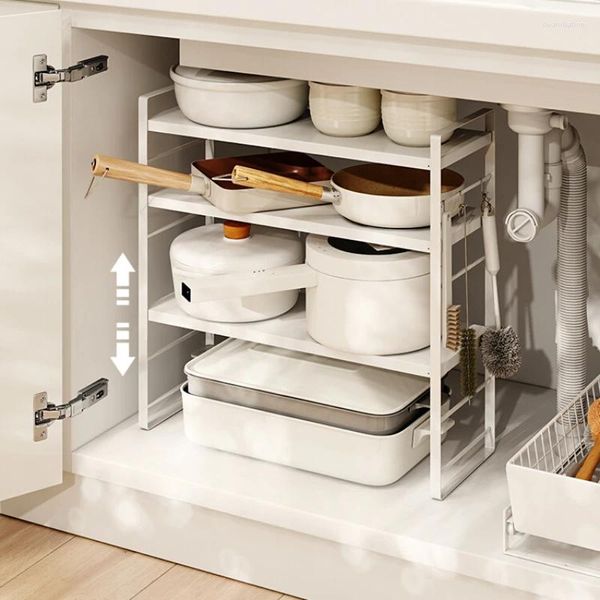 Pia inferior de armazenamento de cozinha, prateleira em camadas, rack multifuncional, ajuste de altura, armário de aço carbono reforçado