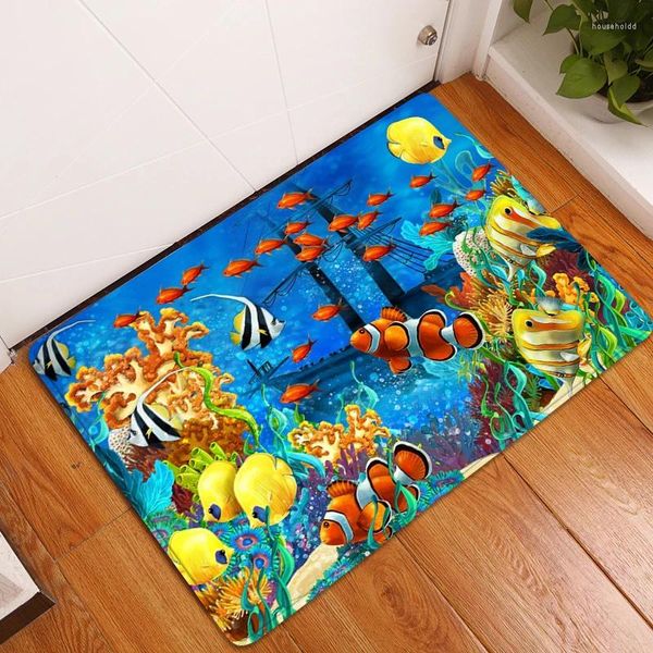 Badematten 3D Ocean World Fish Teppich Küchenmatte Eingang Fußmatte Schlafzimmer Home Bodendekoration Wohnzimmer Badezimmer Anti-Rutsch-Teppich