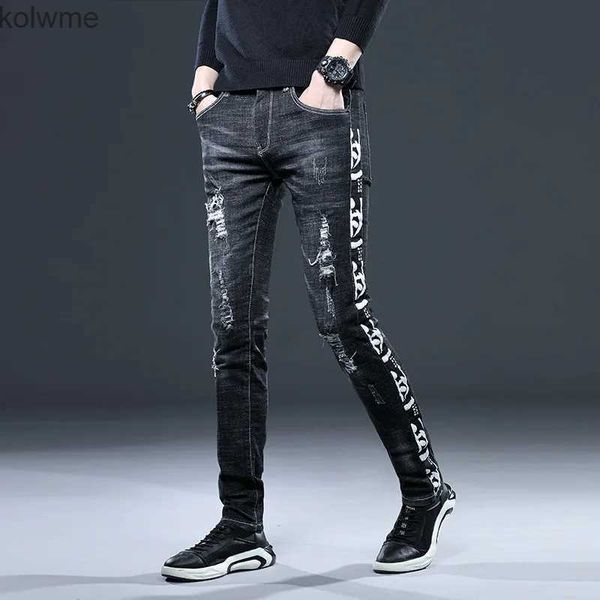 Calças de brim masculinas luz luxo masculino jeans rasgadosSlim-fit estiramento preto jeansalta qualidade lado-imprime calças jeansrua moda casual jeans;YQ240205