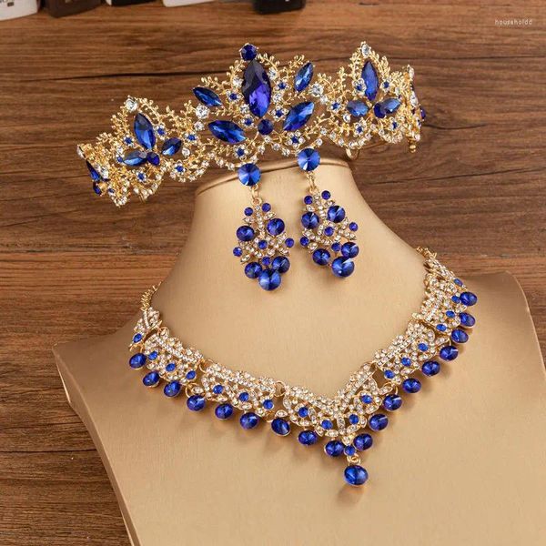 Collana Orecchini Set KMVEXO Barocco Oro Blu Colore Cristallo Sposa Strass Diademi Corona Matrimonio Dubai Gioielli