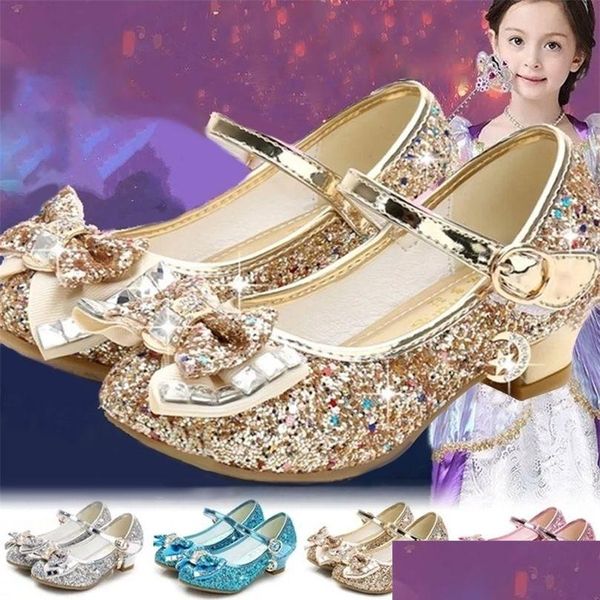 Sapatilhas meninas pequenas sapatos de couro de salto alto princesa crianças flor casual glitter lantejoulas arco superior decoração crianças dança 22 dhgf2
