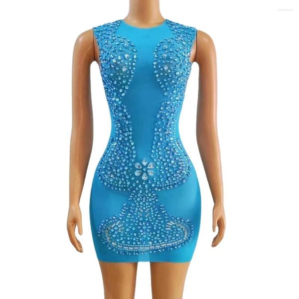 Bühnenkleidung, glitzerndes blaues Strass-Kleid, sexy Mesh, durchsichtig, für Damen, Abend, Abschlussball, Feiern, Geburtstag, kurzes Performance-Kostüm