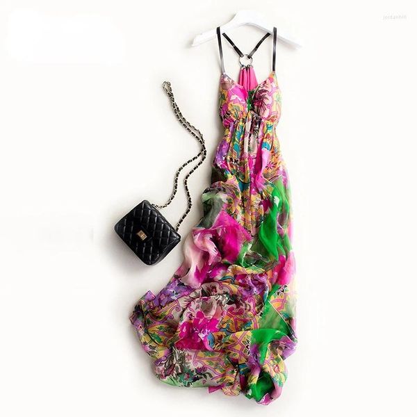 Lässige Kleider Sommerkleid Frauen Kleidung V-Ausschnitt Sexy Druck Strand Boho Mulberry Silk Maxi für Vestidos ZM2824