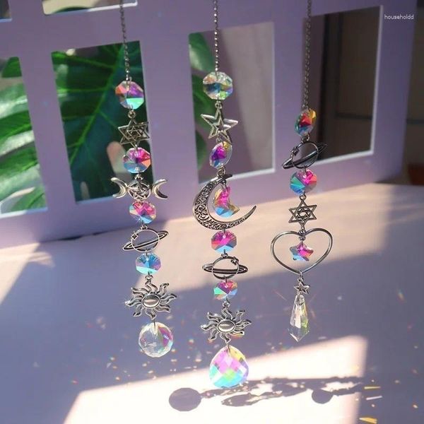 Estatuetas decorativas decoração de casa artesanato sinos de vento decorações lua sol apanhador diamante prismas pingente sonho bela decoração de fadas