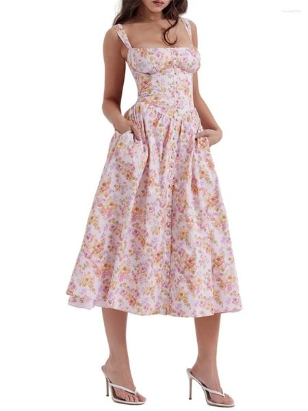 Vestidos casuais feminino verão magro midi vestido sem mangas floral impressão botão para baixo flowy a-line tanque