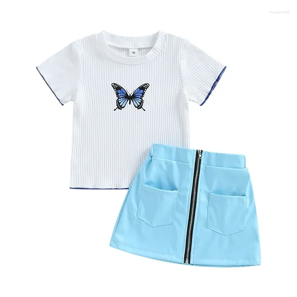 Kleidungssets FOCUSNORM 1-5 Jahre Kleinkind Kinder Mädchen Sommerkleidung Schmetterlingsdruck Shorts Ärmel T-Shirts PU Lederrock