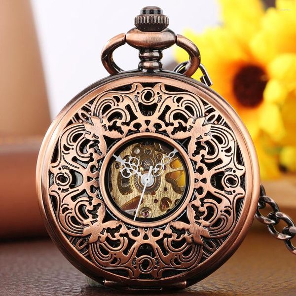 Orologi da tasca Orologio meccanico a carica manuale da uomo, regalo, quadrante con numeri romani con motivo cavo in oro rosa, orologio di lusso con catena antica