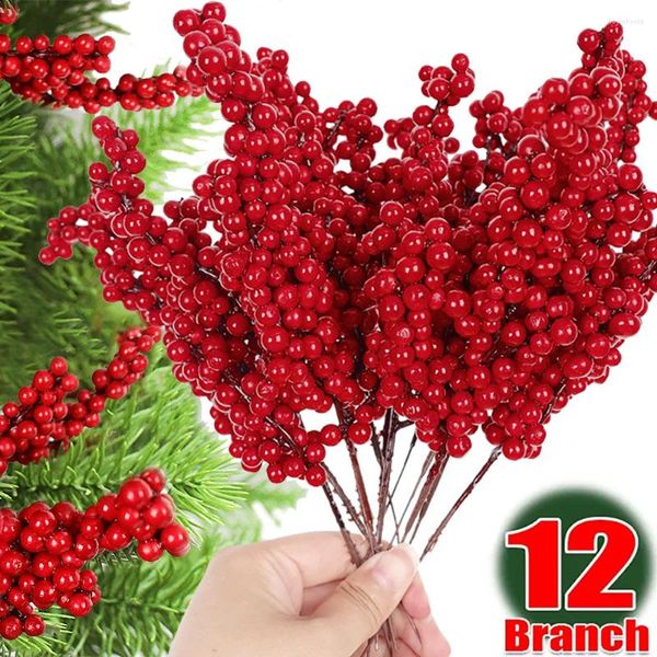 Flores decorativas 12/1 Pcs Natal Bagas Vermelhas Frutas Artificiais Holly Berry Stamen Bouquet Para Decoração de Festa de Casamento Casa DIY Artesanato