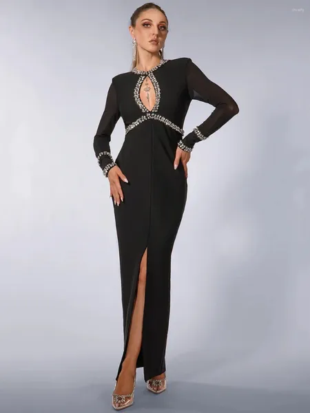 Lässige Kleider Modphy Damen Diamant aushöhlen, figurbetontes, langärmliges Design, Promi-Cocktailparty, schwarzes sexy Maxi-Verbandskleid