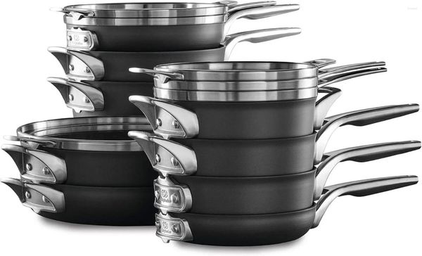 Set Di Pentole Calphalon Set Di Pentole E Padelle Da 15 Pezzi Cucina Antiaderente Impilabile Con Manici Stay-Cool In Acciaio Inossidabile Nero