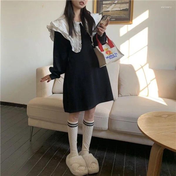 Casual Dresses Deeptown Japanischer Stil Schwarz Mini Schulkleid Frauen Kawaii Niedlich Peter Pan Kragen Einteilige Langarm Lose Vestidos