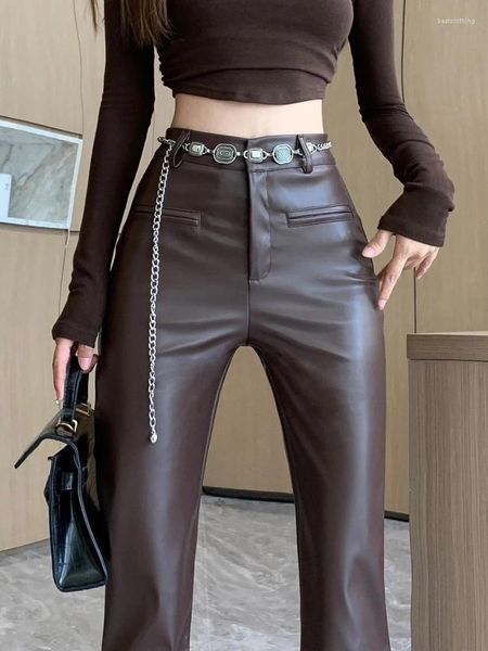 Damenhosen 2024 Frauen Leder Bleistift Schwarz Enge Faux Flare Solide Reißverschluss Klassische Slim Hose für den Winter