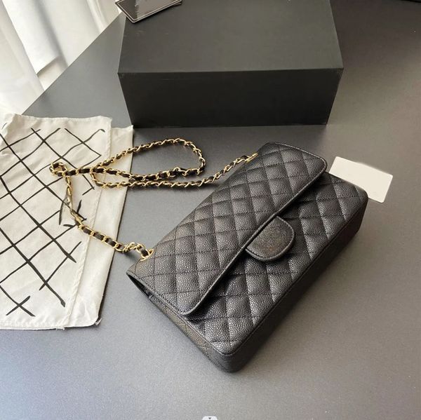 5A Damen-Geldbörse, schwarze Handtasche, Kaviar-Goldkette, klassische Klappe, 25 cm, Umhängetasche, Designer-Taschen, Satchel