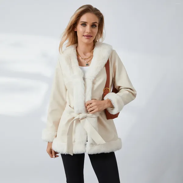 Jaquetas femininas mulheres couro aberto frente jaqueta casual contraste cor gola de pelúcia inverno quente cardigan com cinto outwear streetwear