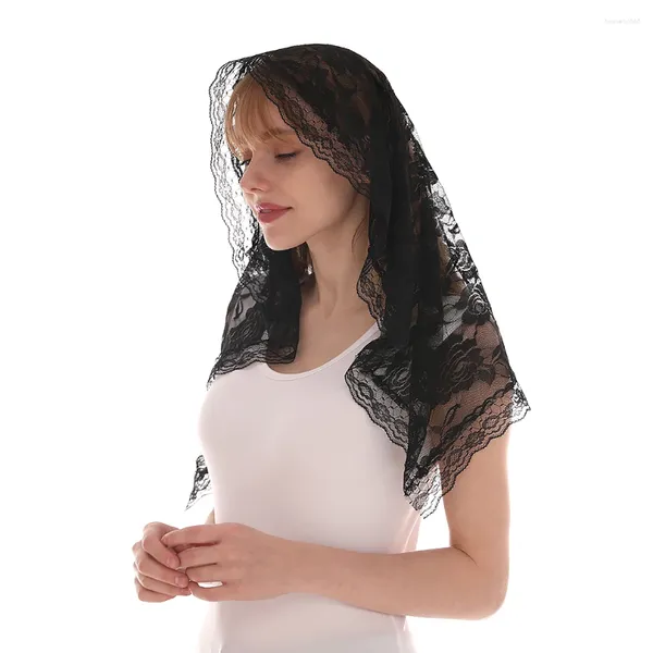 Lenços Branco Lenço de Renda Feminina para Igreja Oração Xale Bordado Véu Floral Véus Cristãos Espanhol Mantilla Pingente de Igreja