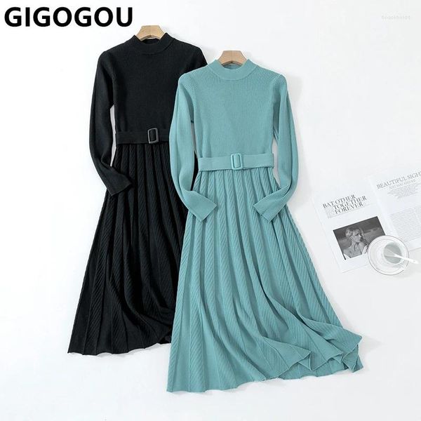 Vestidos casuais gigogou elegante longo malha mulheres camisola vestido drawstings plissado outono inverno quente uma linha festa robe pull